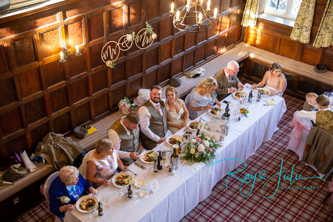 One happy wedding couple during their wedding breakfast at Woodsome Hall