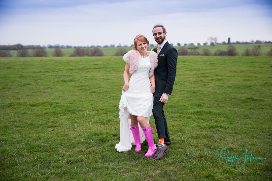 Wedding couple on the Westwood with wellies