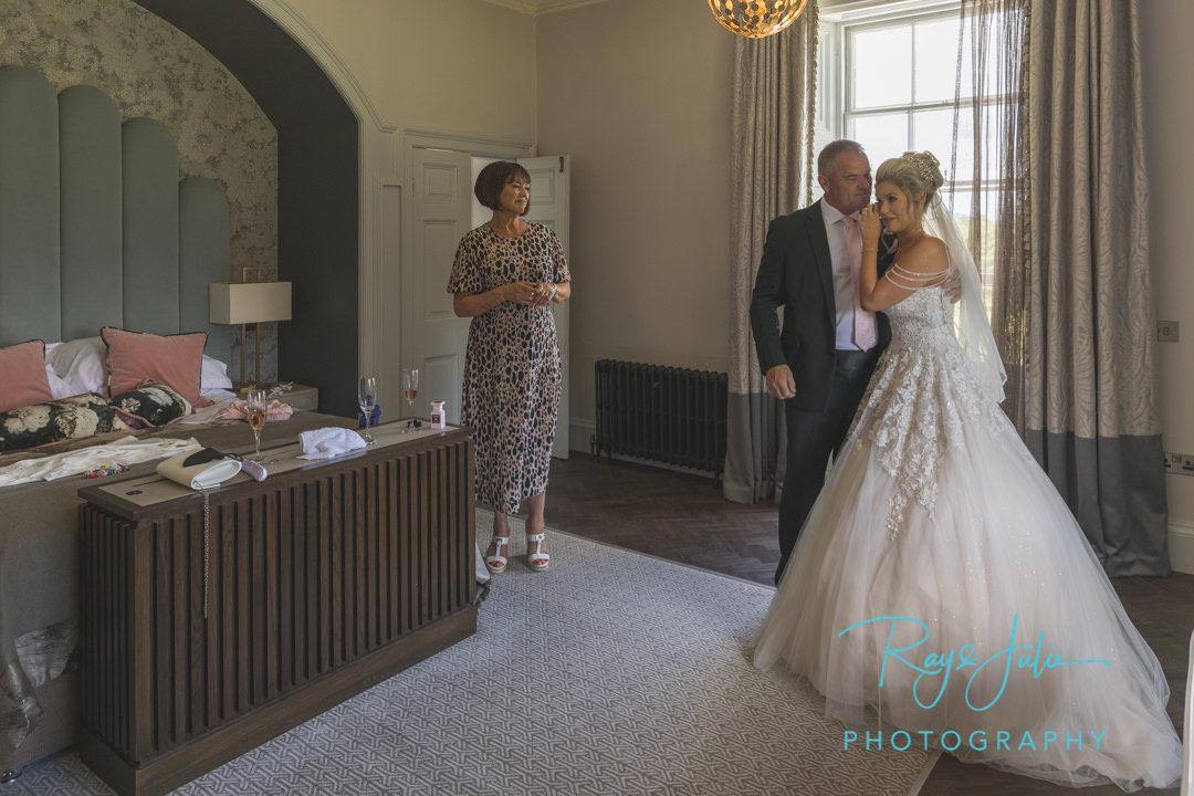 Bride reveal to dad, mum looking on. Very emotional at Saltmarshe Hall