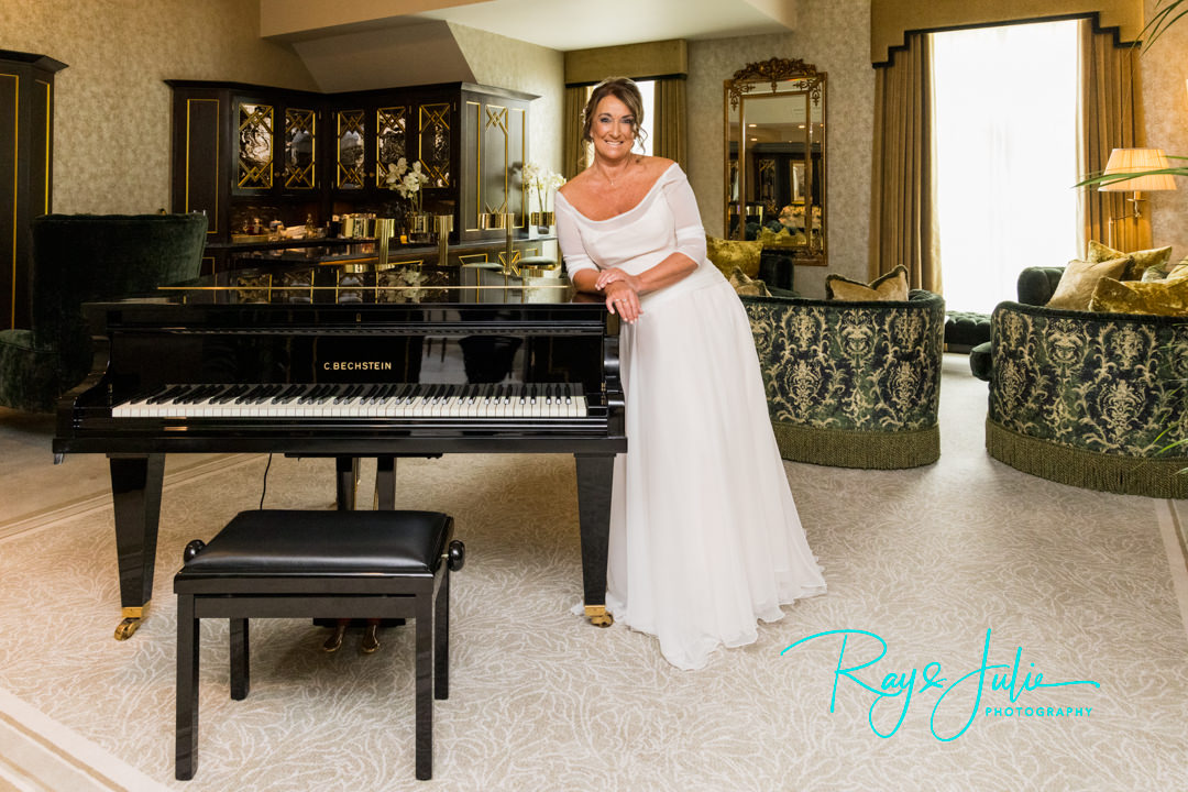 Relaxed bride in the Presidential Suite at Grantley Hall - Anita Massarella Haute Couture dress - Grantley Hall